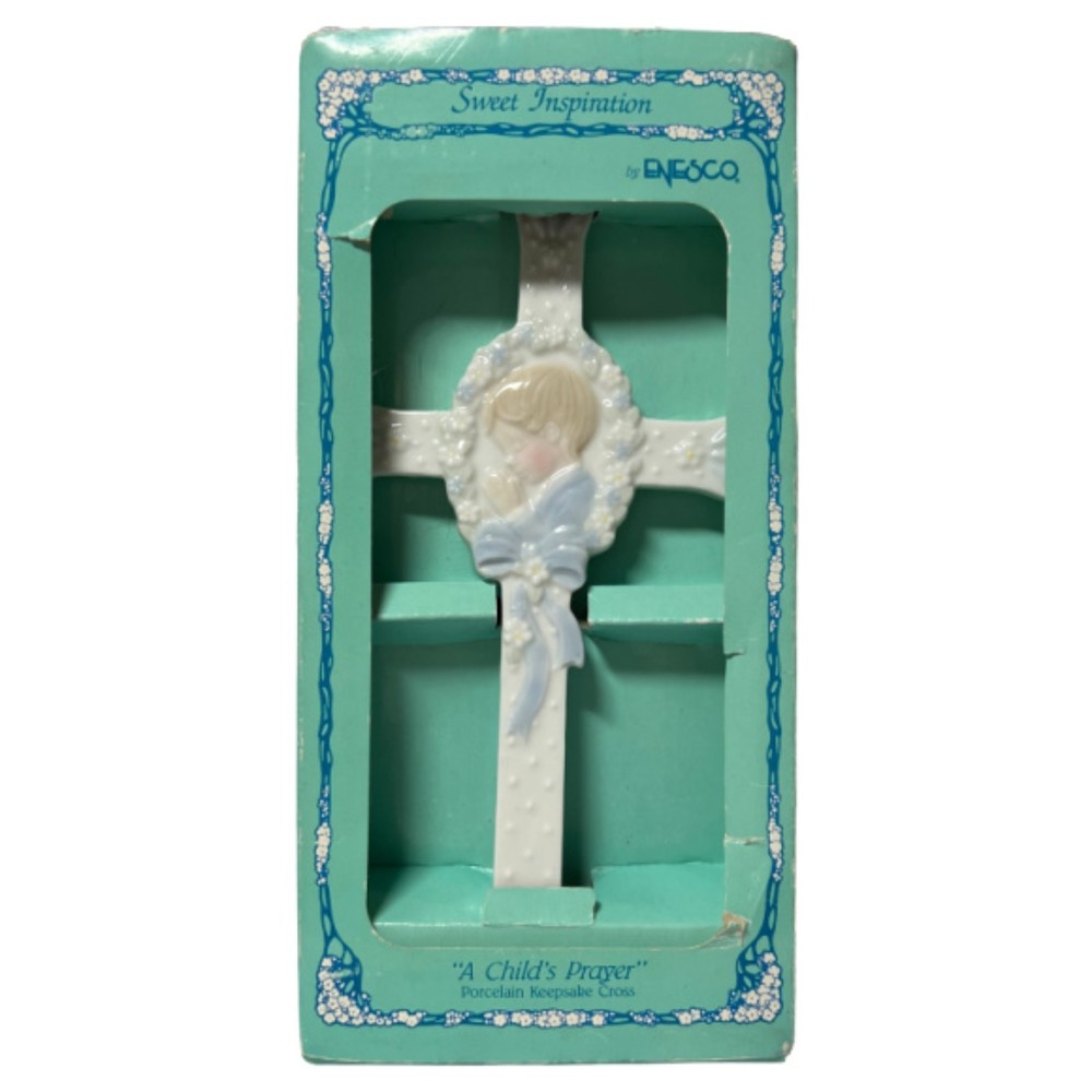 Vintage 1989 ENESCO Sweet Inspirations Boy's Prayer Porcelain Keepsake Cross